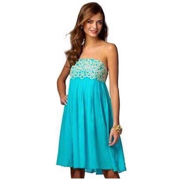 Lilly Pulitzer Jillie Chiffon Strapless Dress in Sea Blue Size 2 - Picture 1 of 12